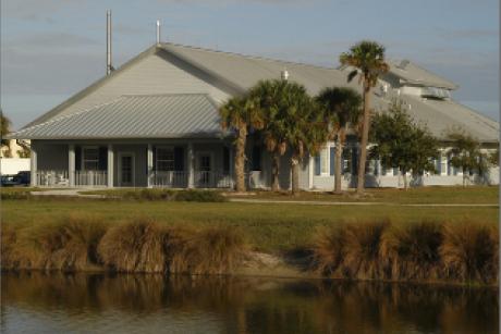 front view of foundation building that overlooks the water