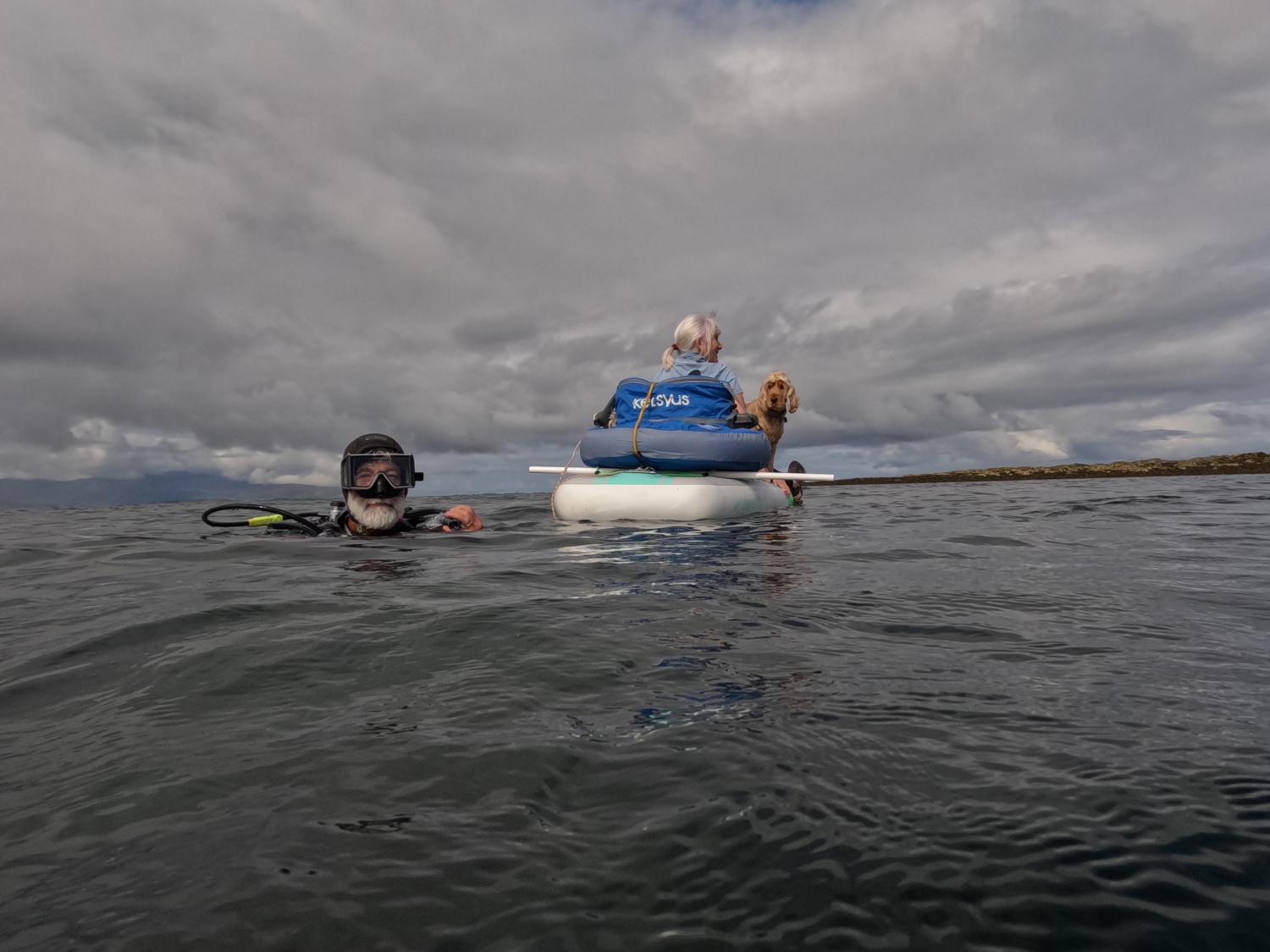 Ed, Noirin, and Buffy the dog conducting seagrass surveys (Photo courtesy of Trisha O’Halloran) 