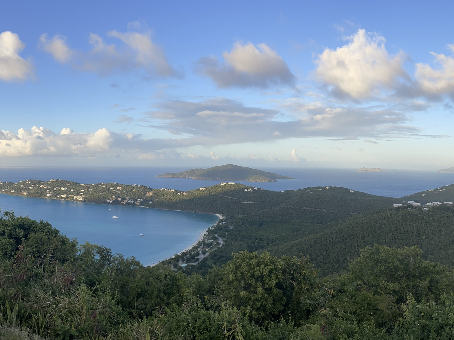 View from the northside of St. Thomas from Drake’s Seat overlook showing Magens Bay and Hans Lollik Island